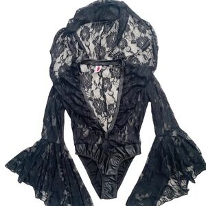 ROMA Hooded Black Whimsigoth Bodysuit W/ Huge Flare‎ Sleeves Sz Small